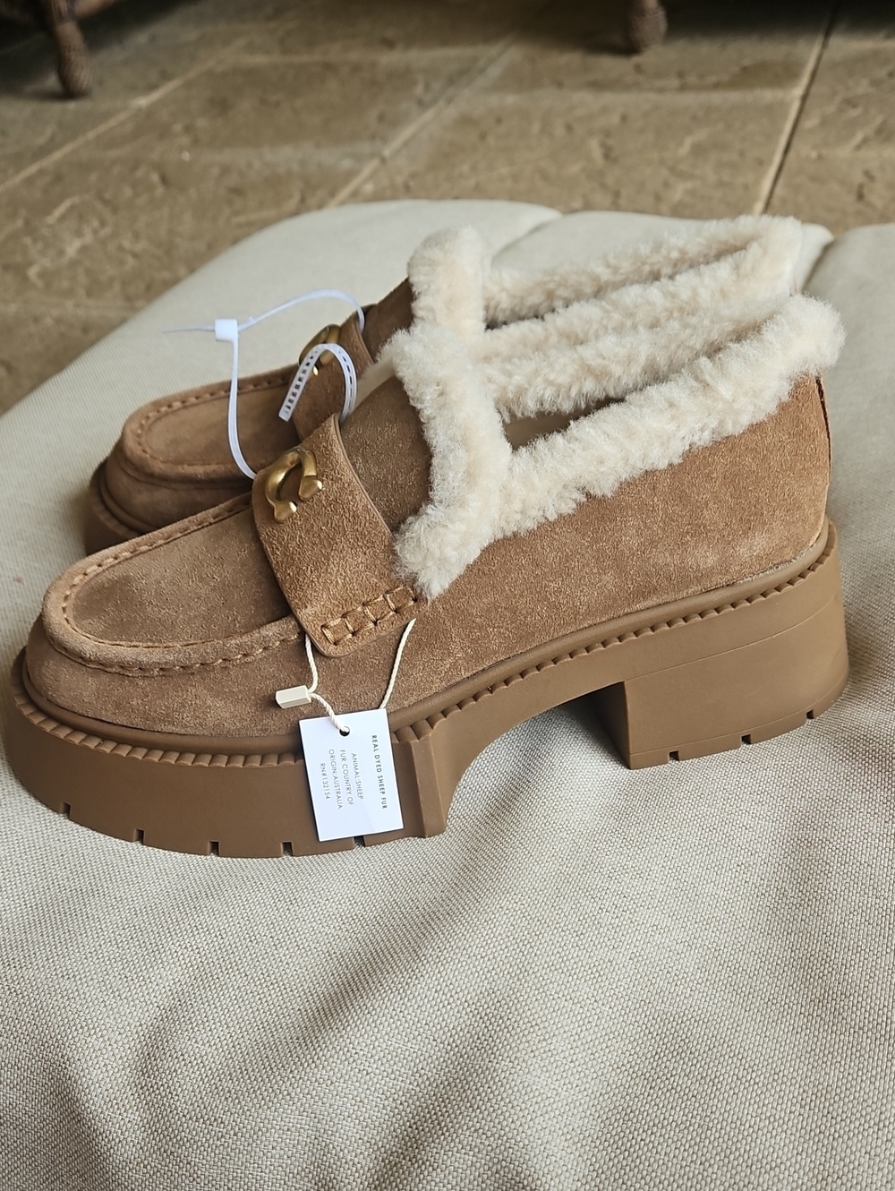 Coach Leah Platform Lug Sole Loafer Suede & Shearling Upper Coconut/Natural, 7 - Picture 3 of 10
